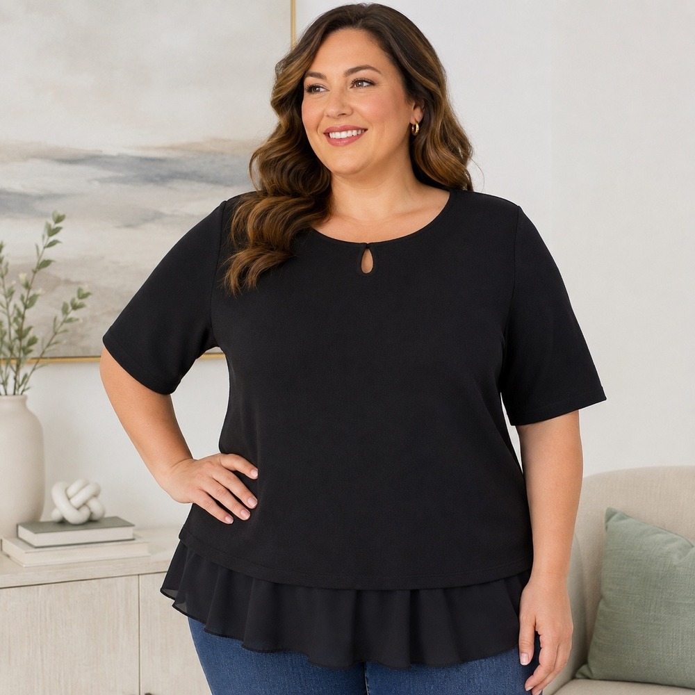 Jules & Leopold Womens 3X Black 3/4 Sleeve Ruffle Hem Blouse Top ST52360